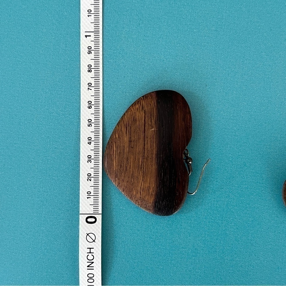 Boho Mahogany Wood Handmade Heart Earrings - Picture 6 of 6